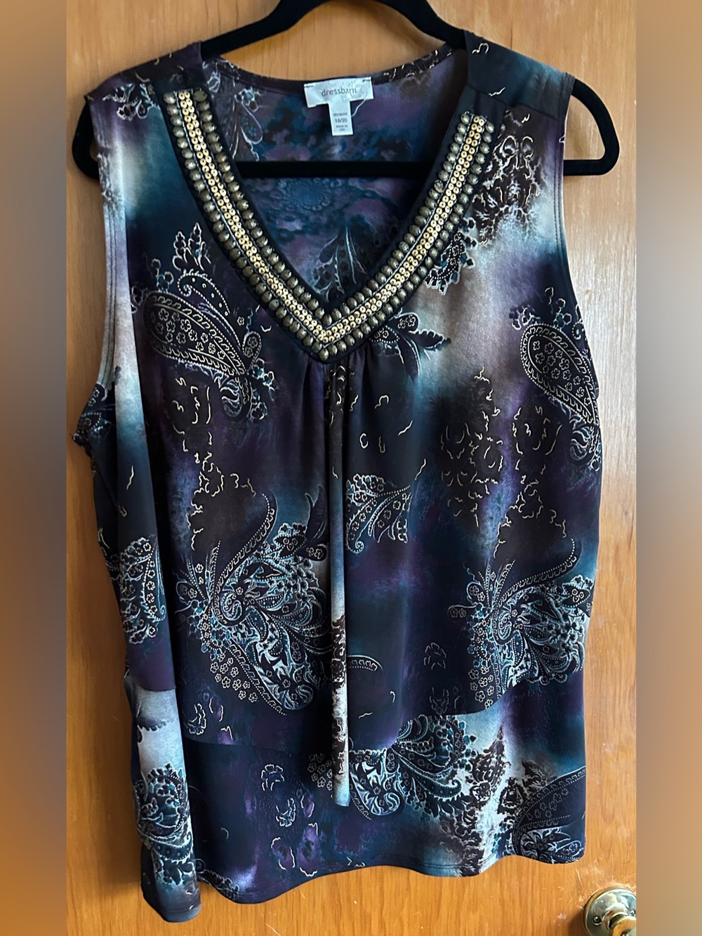 dressbarn Purple Paisley Beaded V-Neck Sleeveless Top, longer in back